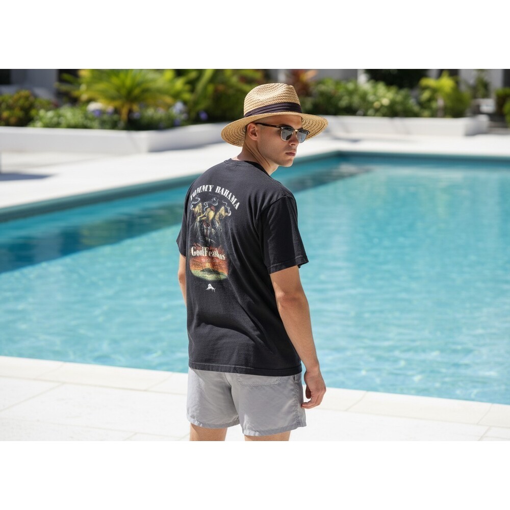 Tommy Bahama GoodFeathas Graphic Tee Mens Large Black Double Sided Back Print